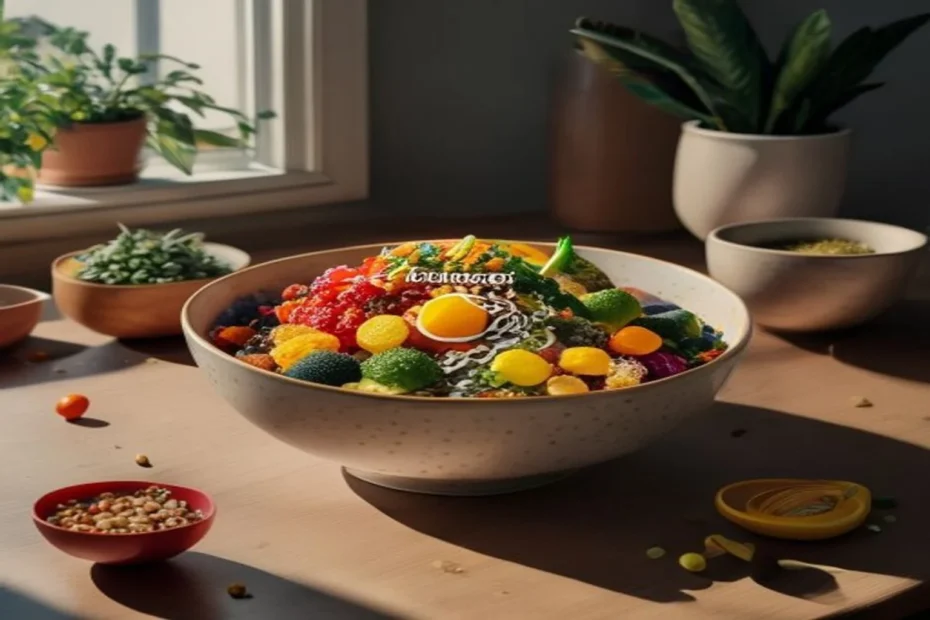 Tigela colorida de quinoa com vegetais assados, grão de bico e fio de tahine sobre mesa de madeira clara com luz natural