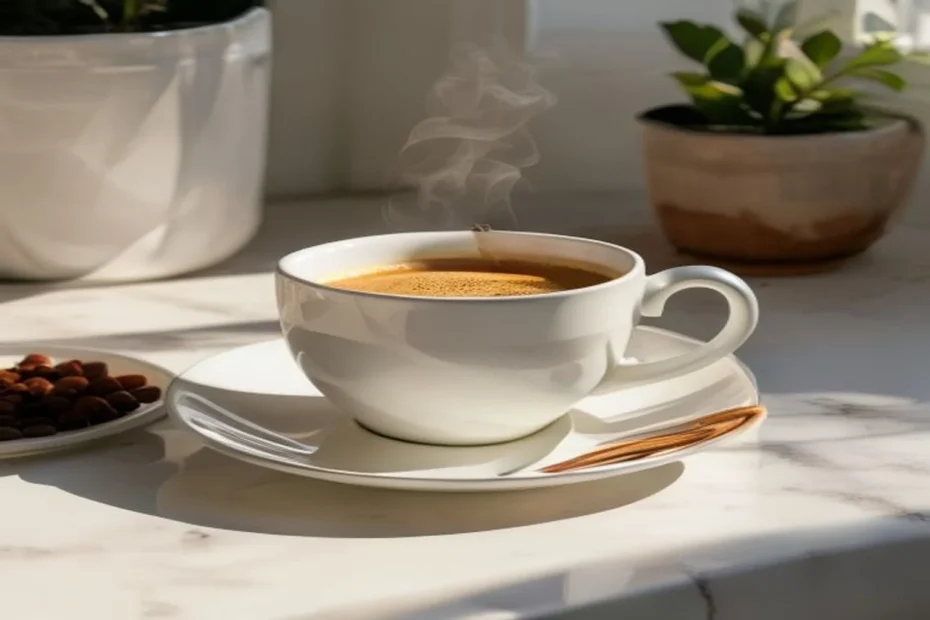 Xícara branca de café preto com um pau de canela apoiado no pires, sobre bancada de mármore com luz natural da manhã
