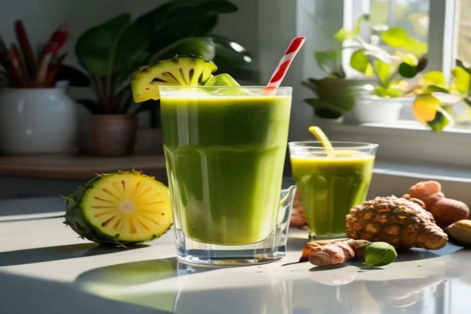 Smoothie verde com espinafre e abacaxi em copo transparente com gengibre fresco e folhas de espinafre, luz natural de manhã