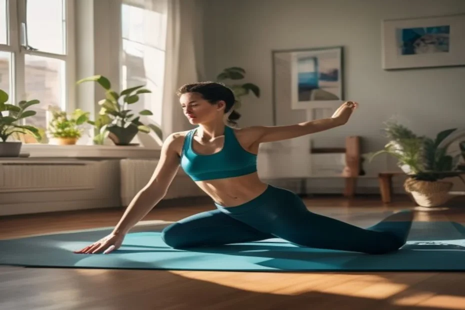 Pessoa fazendo exercício de mobilidade de quadril no tapete de yoga em ambiente doméstico iluminado naturalmente