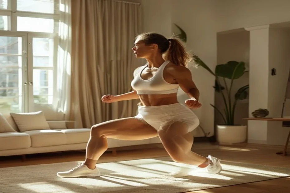 Pessoa fazendo aquecimento dinâmico na sala de casa antes do treino, com roupa esportiva e movimento de elevação de joelhos