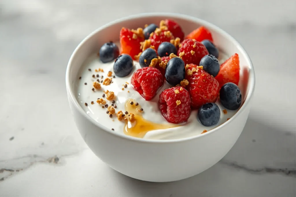 Bowl branco de iogurte grego coberto com morango, mirtilo e framboesa, granola e sementes de chia, luz natural