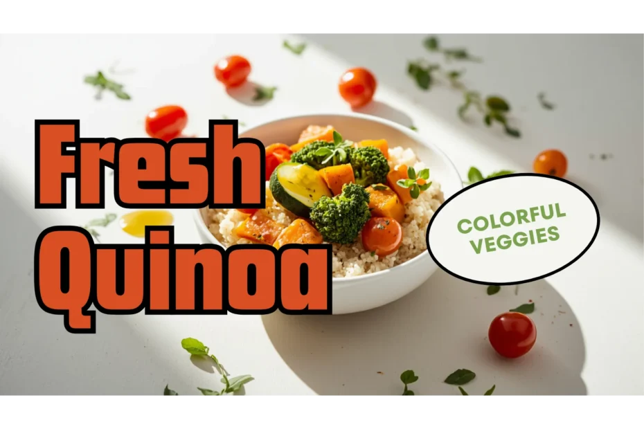 Bowl branco de quinoa com vegetais assados coloridos, batata-doce, abobrinha e tomate, regado com azeite, luz natural