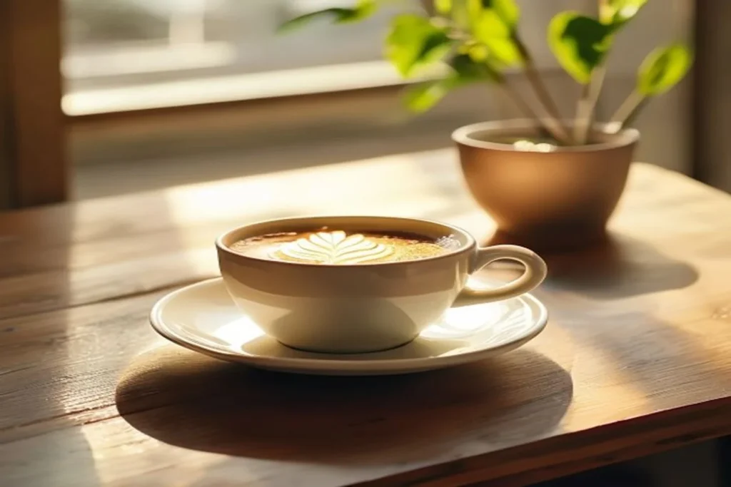 Xícara de café ao lado de um prato após o almoço sobre mesa de madeira