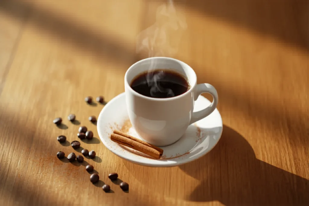 Xícara branca de café quente com pau de canela no pires e leve polvilhada de canela, sobre mesa de madeira, luz natural