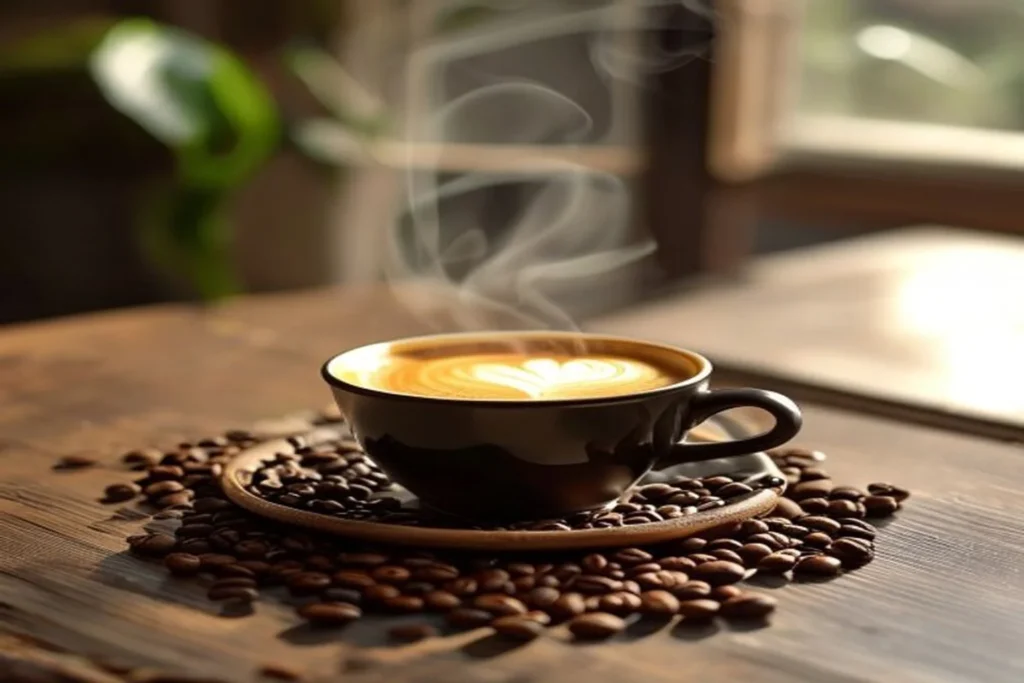Xícara de café preto fumegante sobre mesa de madeira ao lado de grãos de café torrados