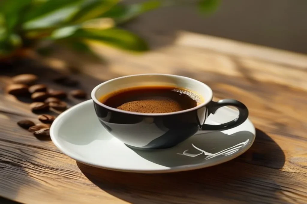 Xícara de café preto coado vista de cima sobre mesa de madeira clara