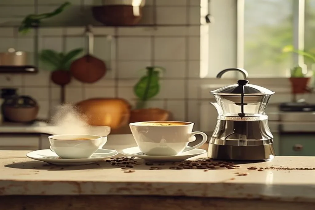 Três métodos de preparo de café lado a lado: coador com filtro de papel, prensa francesa e Aeropress sobre bancada de cozinha