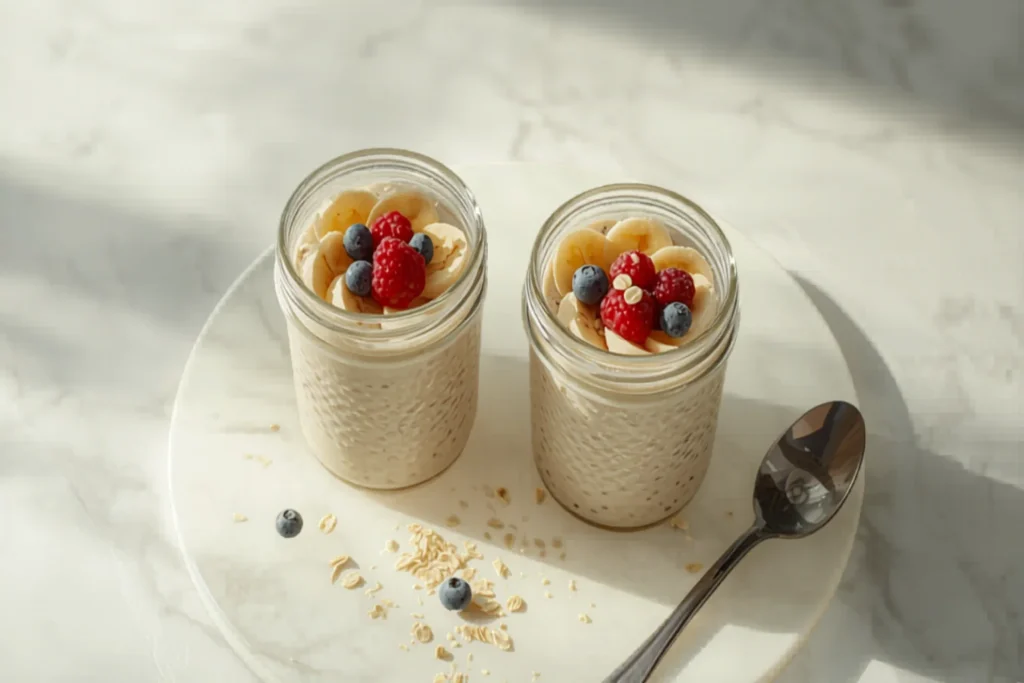 Dois potes de vidro de overnight oats com rodelas de banana, frutas vermelhas e sementes, luz natural da manhã