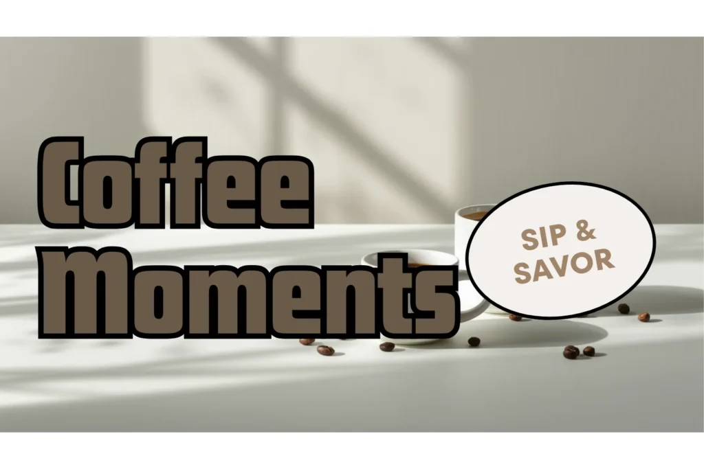 Três xícaras de café de tamanhos diferentes sobre mesa clara, com grãos de café ao lado, luz natural