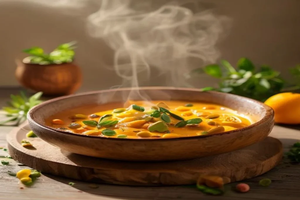 Tigela de creme de abóbora alaranjado fumegante sobre mesa de madeira, com sementes torradas e ramo de salsinha ao lado