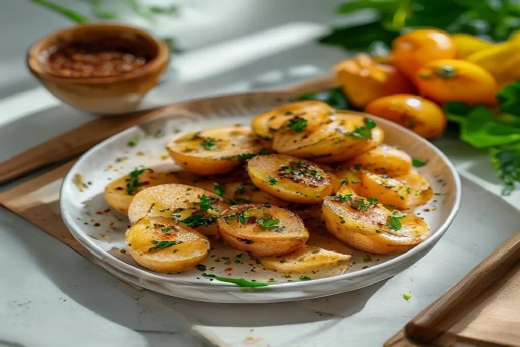 Batatas-doces assadas cortadas ao meio sobre tábua de madeira, com purê e panqueca ao lado