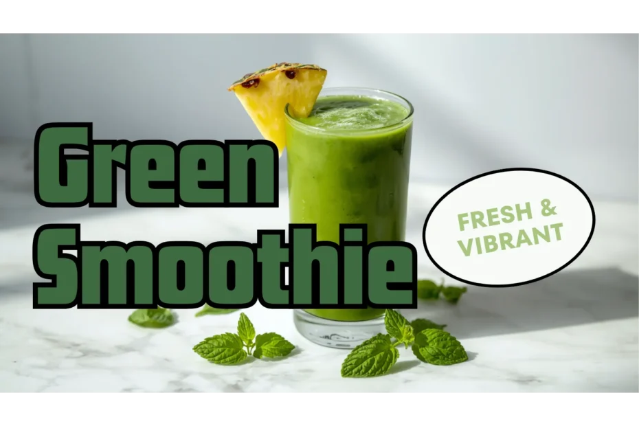 Copo alto de smoothie verde de espinafre e abacaxi sobre superfície clara, com folhas de espinafre e fatia de abacaxi
