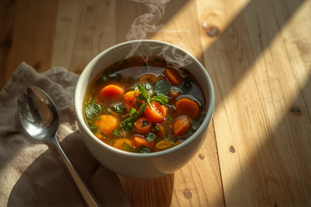 Tigela de sopa quente de legumes com cenoura e ervas, vapor subindo, sobre mesa de madeira clara