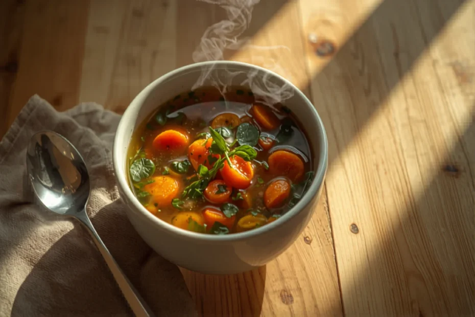 Tigela de sopa quente de legumes com cenoura e ervas, vapor subindo, sobre mesa de madeira clara