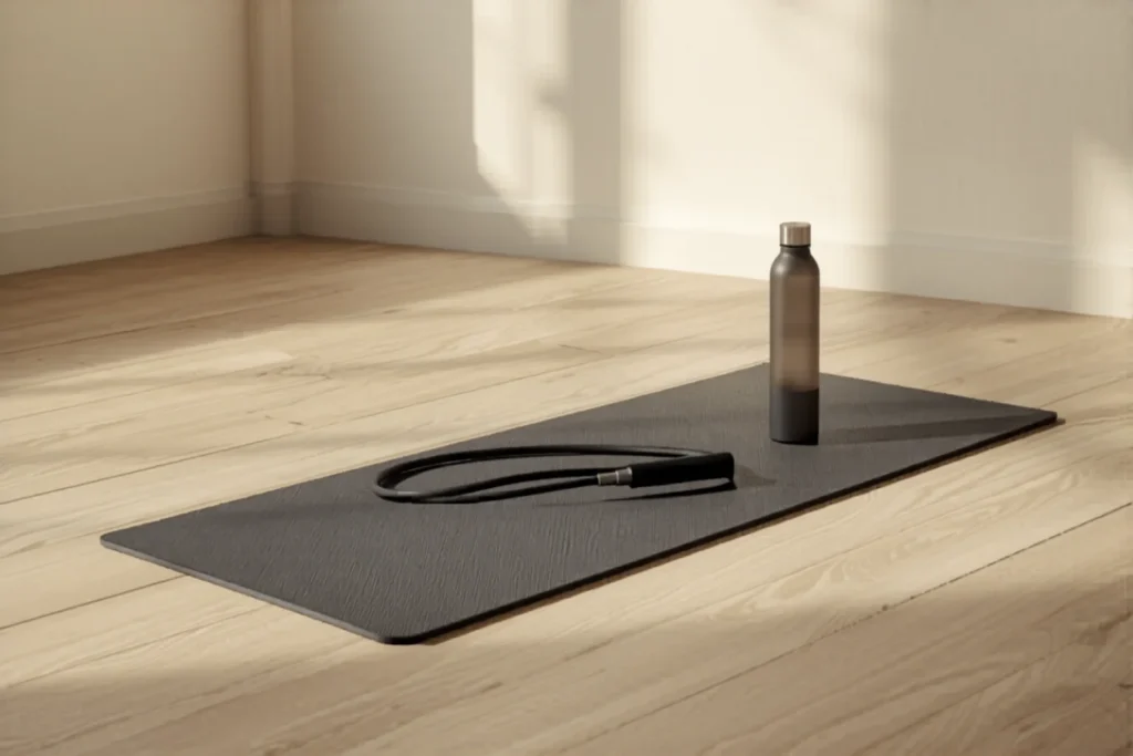 Sala minimalista preparada para treino em casa com tapete escuro no chão de madeira, corda de pular e garrafa de água, luz natural