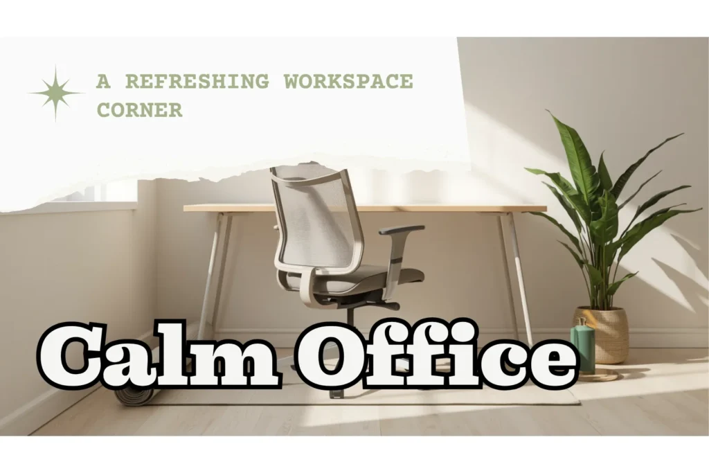 Canto de home office claro com cadeira ergonômica afastada e tapete de yoga estendido ao lado da mesa, luz natural