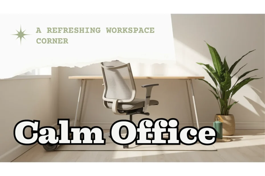 Canto de home office claro com cadeira ergonômica afastada e tapete de yoga estendido ao lado da mesa, luz natural