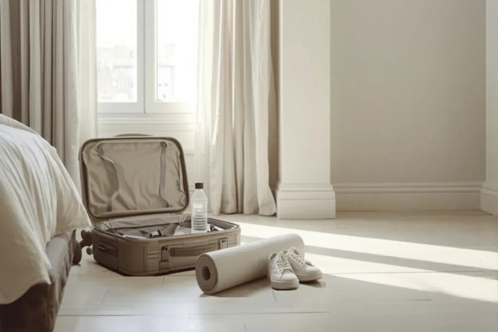 Quarto de hotel claro com mala aberta, tapete de yoga enrolado, tênis e garrafa de água perto da cama, luz natural