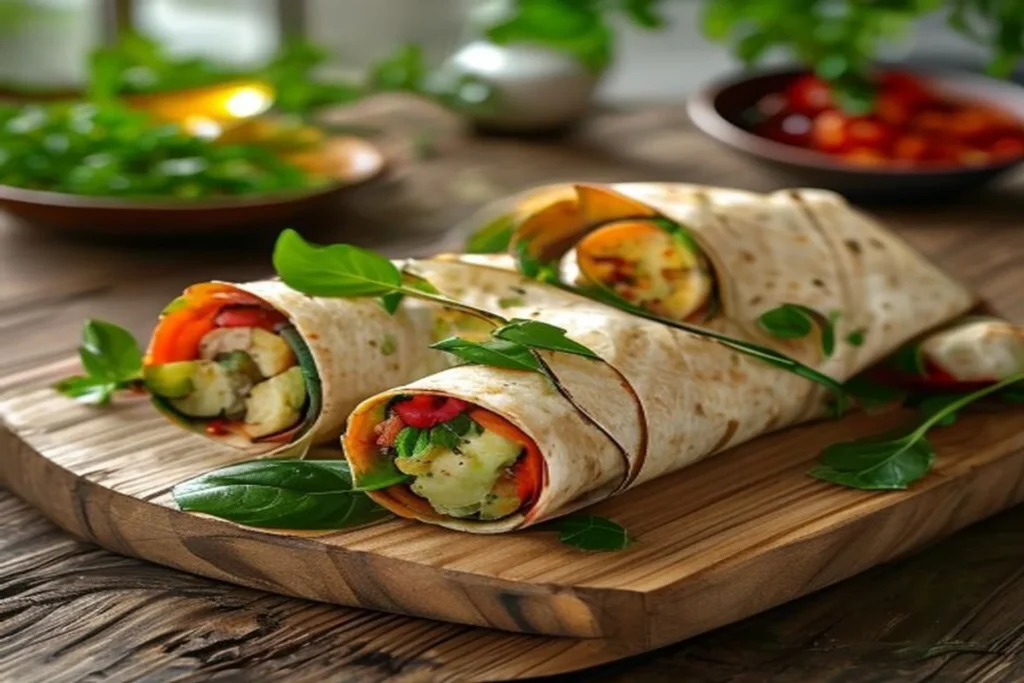 Wraps integrais recheados cortados ao meio sobre tábua de madeira, ao lado de potes de marmita com frango, abacate e folhas verdes