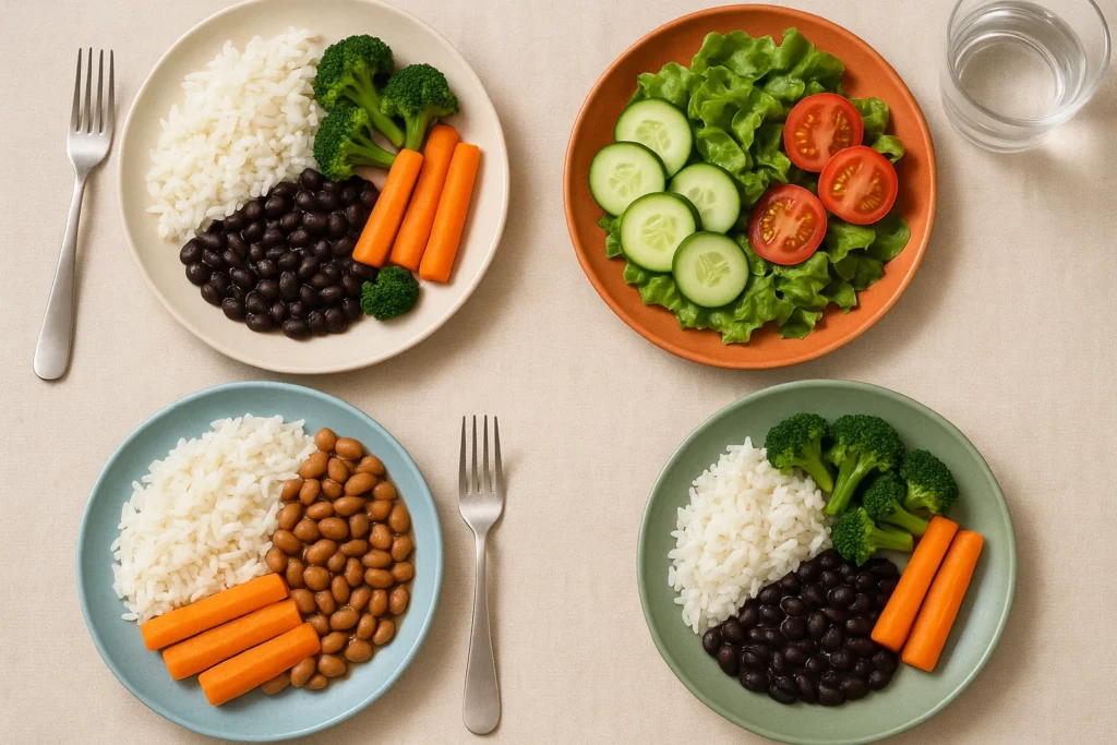 Pratos com arroz, feijão, legumes e salada servidos numa mesa
