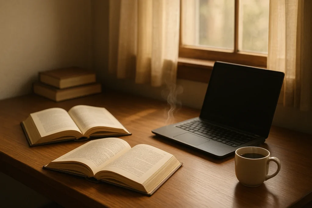 Livros abertos, notebook e uma xícara de café numa mesa perto da janela