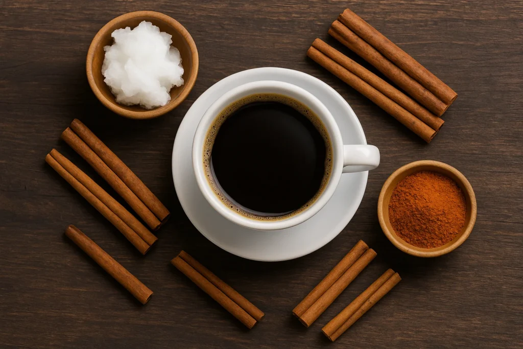 Xícara de café preto com canela em pau, óleo de coco e cúrcuma ao redor