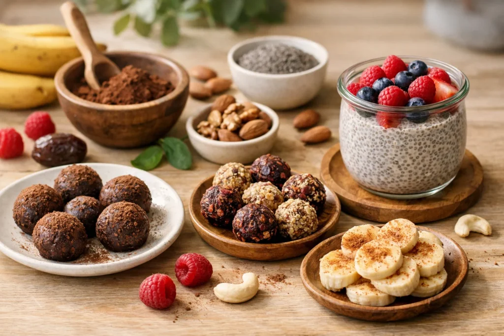Bolinhas de chocolate, pudim de chia com frutas vermelhas, castanhas e banana